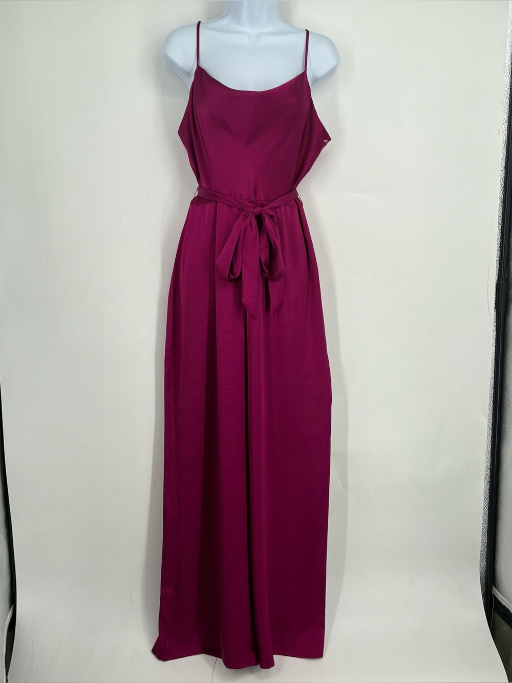 Express Large Purple Satin Wide Leg Jumpsuit Spaghetti Strap Bow Belt Cocktail